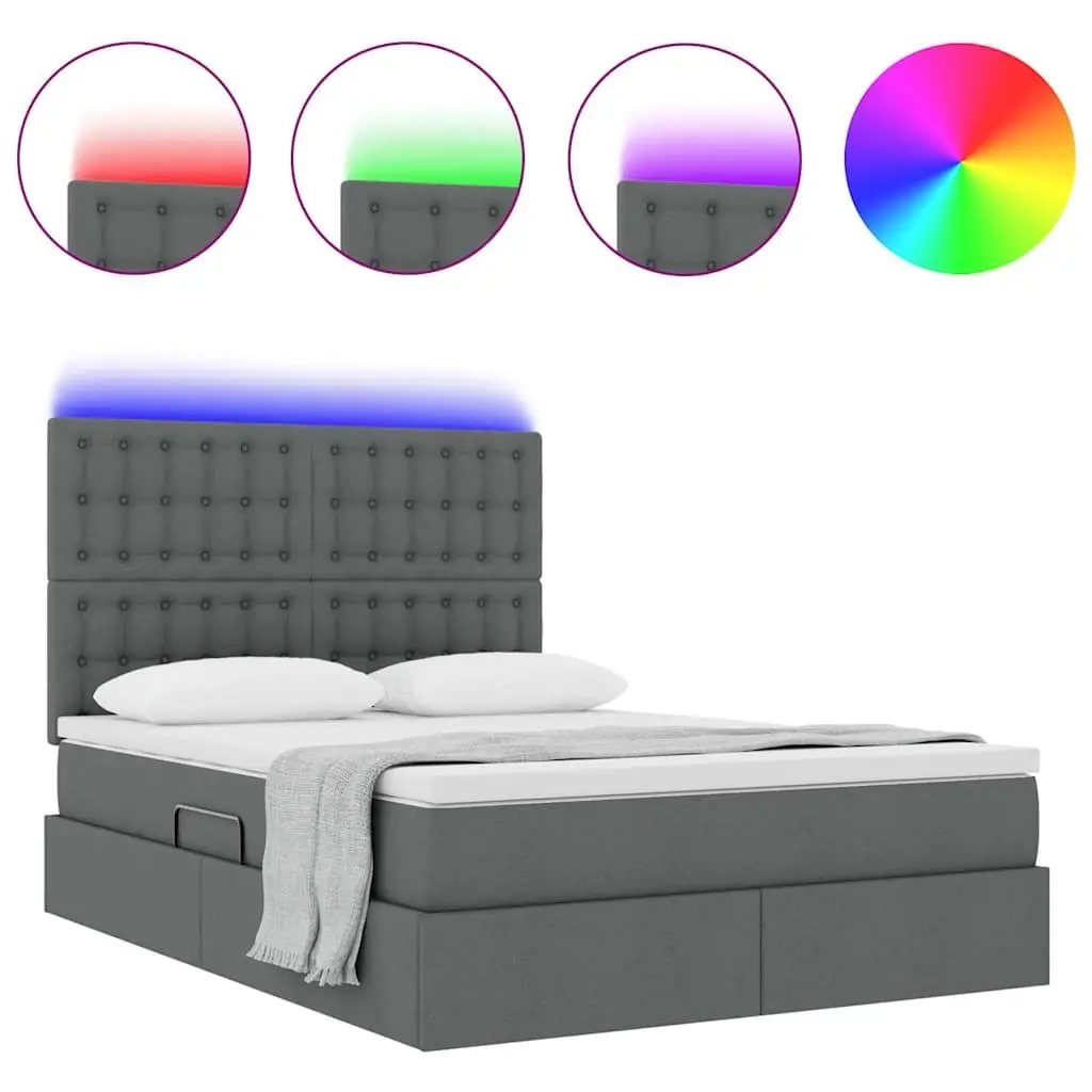 LED Storage Bed with Mattress Dark Grey Queen Size Upholstered Headboard