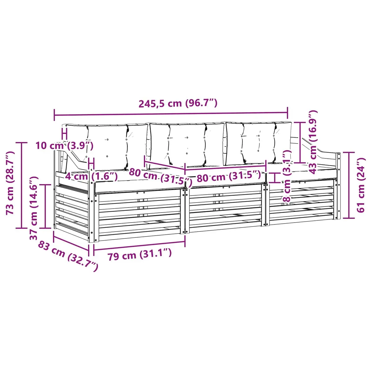 Outdoor Sofa Set Solid Acacia Wood 3 Piece Modular Natural Anthracite Garden Furniture