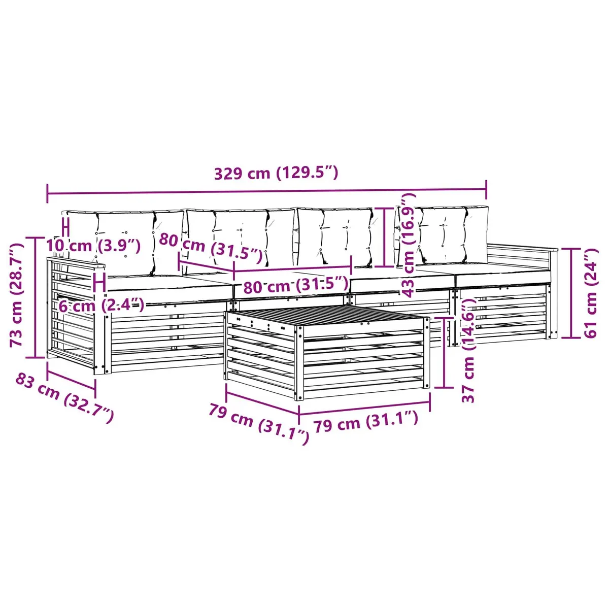 Outdoor Sofa Set Solid Acacia Wood Modular 5 Pieces Natural Anthracite