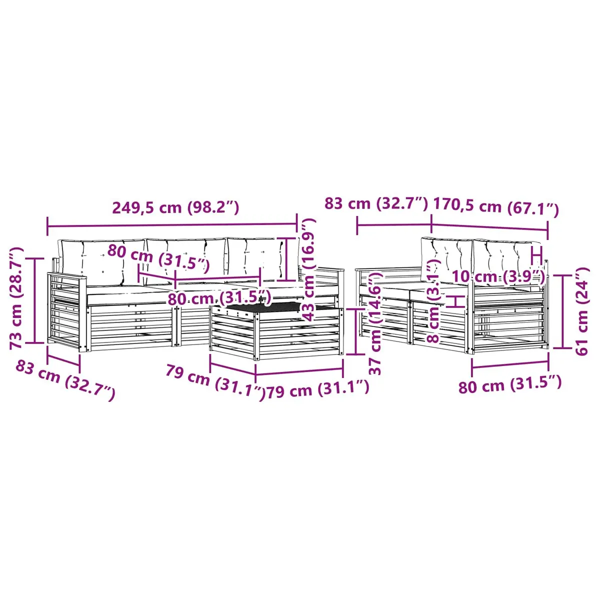 Modular Outdoor Lounge Set 6 Pieces Solid Acacia Wood Natural Anthracite Weather Resistant Garden Furniture