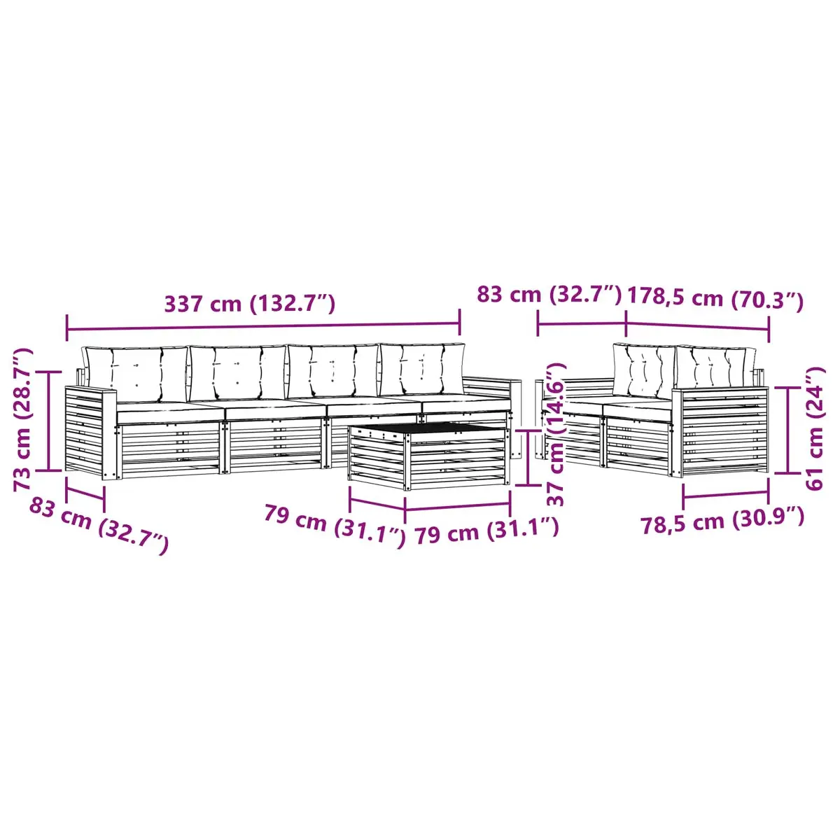 7 Piece Modular Outdoor Sofa Set Solid Acacia Wood Natural with Cushions