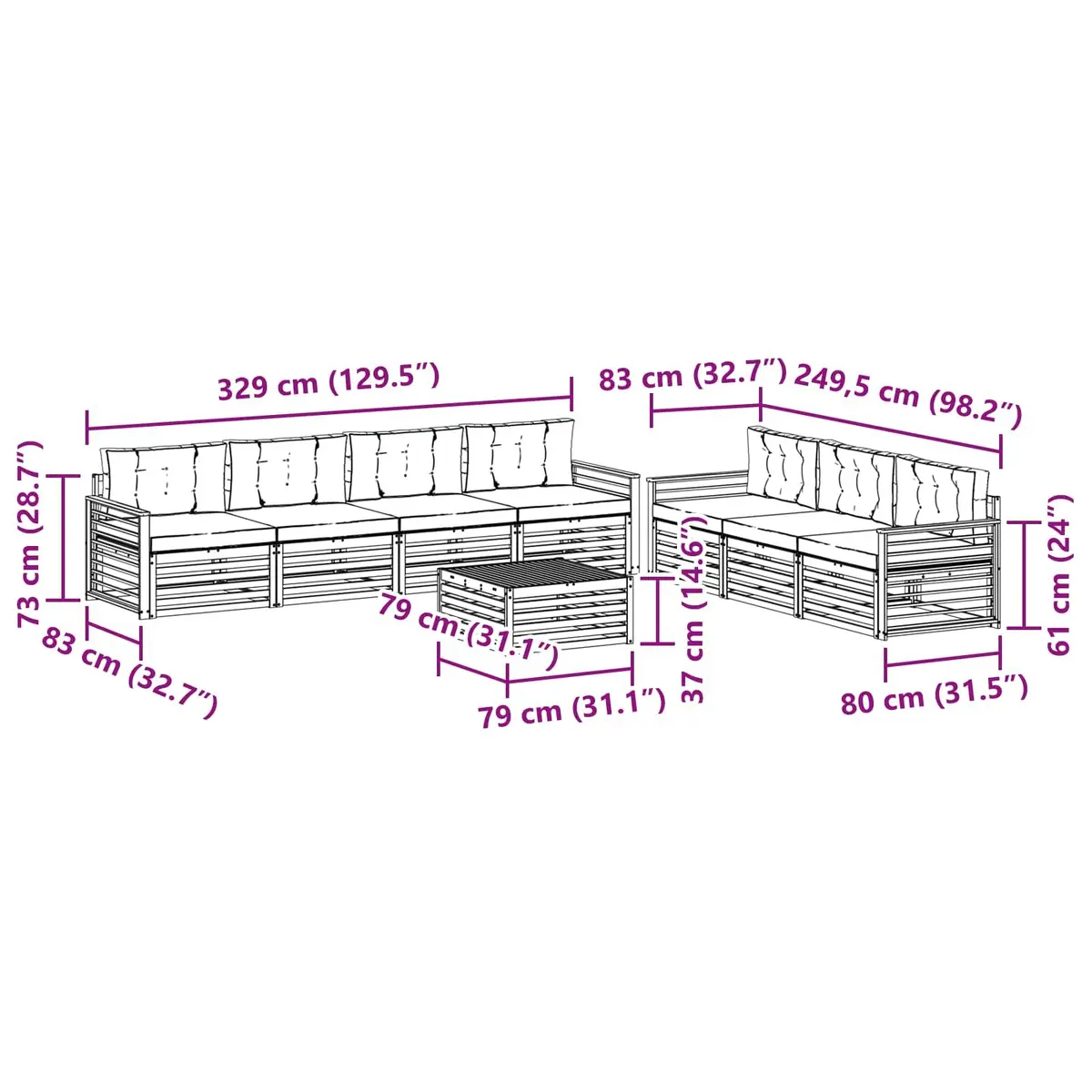 8 Piece Modular Outdoor Sofa Set Solid Acacia Wood Natural Anthracite Weather Resistant Garden Furniture