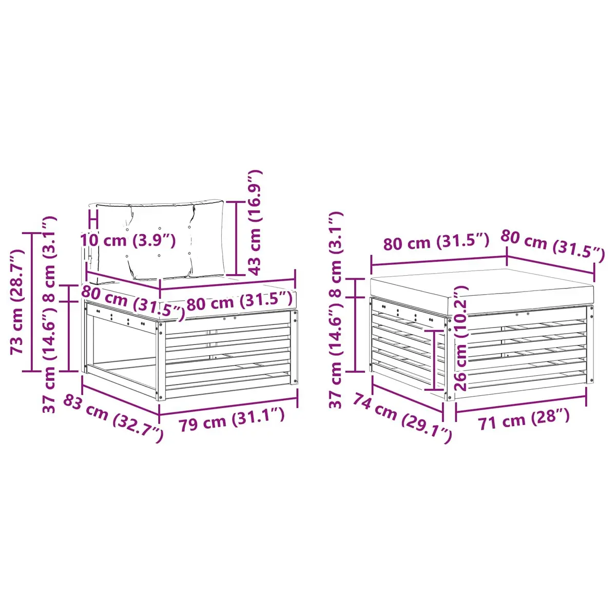 Modular Outdoor Sofa Set Natural Solid Acacia Wood 5 Pieces Garden Furniture