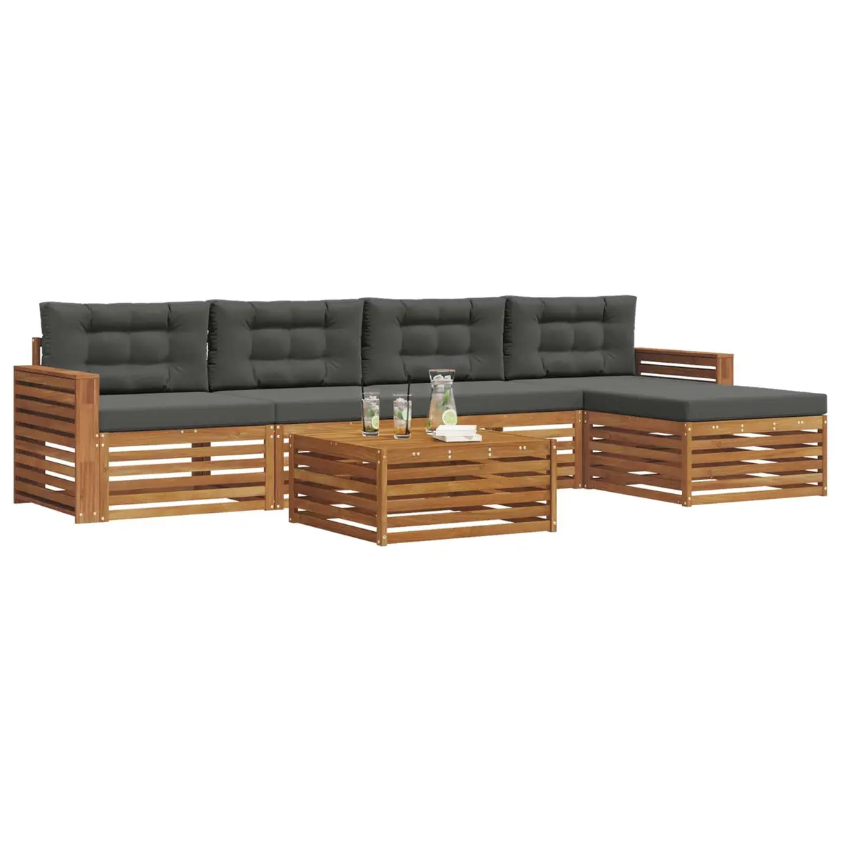 Modular Outdoor Sofa Set 6 Piece Brown Acacia Wood Seating with Cushions