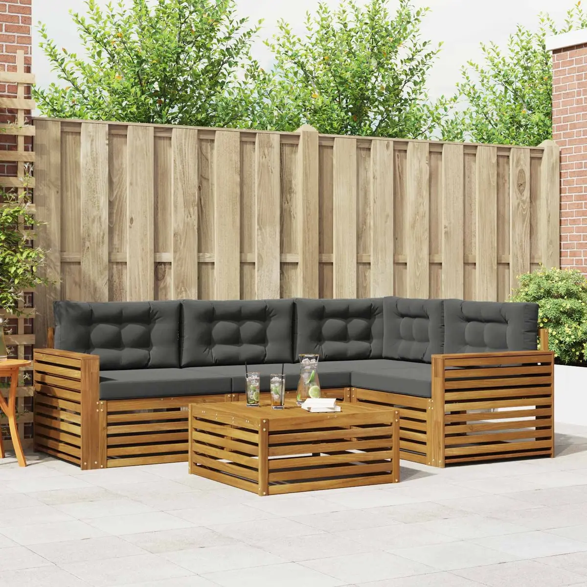 Outdoor Sofa Set Solid Acacia Wood 5 Piece Brown Modular Seating with Cushions