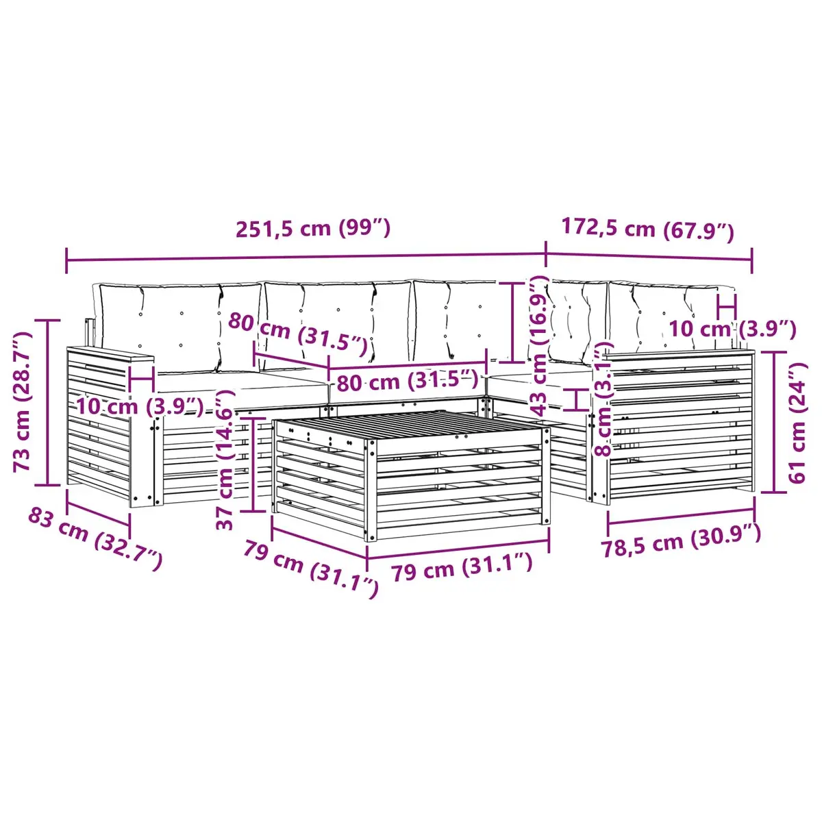 Outdoor Sofa Set Solid Acacia Wood 5 Piece Brown Modular Seating with Cushions