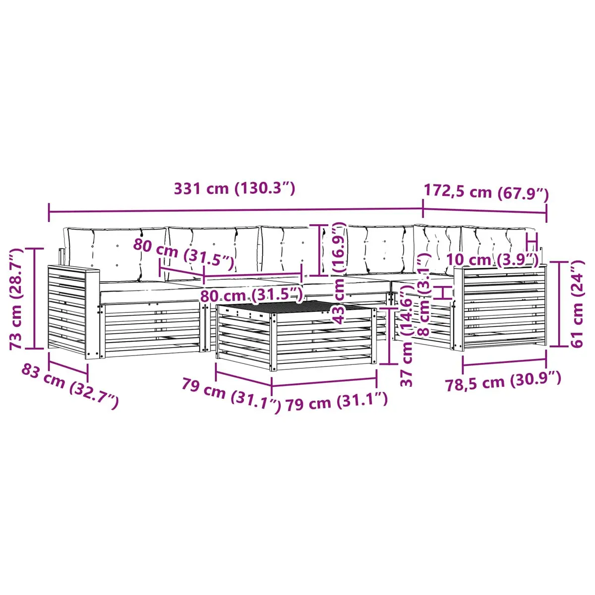 6 Piece Modular Outdoor Sofa Set Brown Lacquered Solid Acacia Wood with Cushions for Garden Patio Lounge