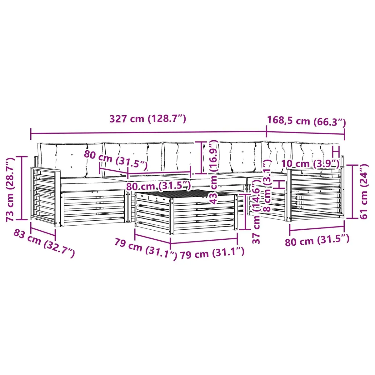Outdoor Sofa Set Solid Acacia Wood 6 Pieces Brown and Anthracite Modular Lounge Seating with Cushions