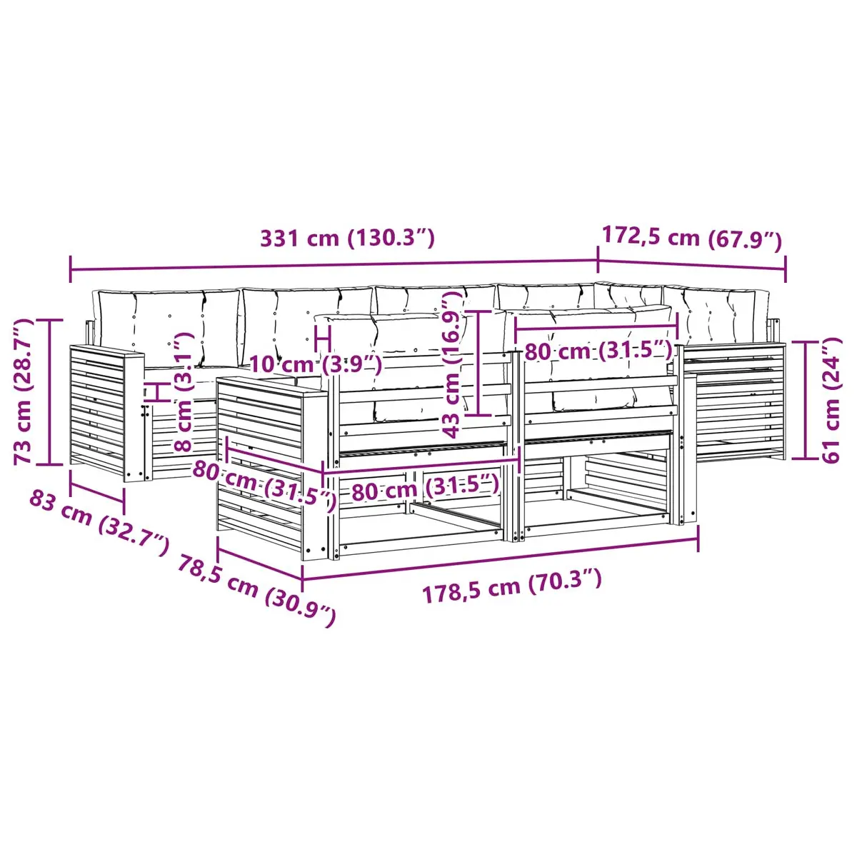 Outdoor Sofa Set Modular Solid Acacia Wood 7 Piece Natural Brown
