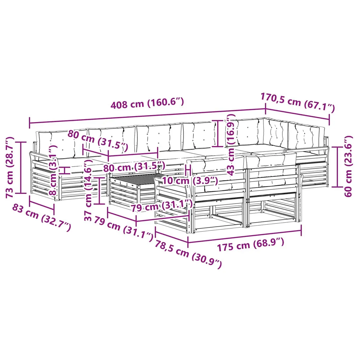 Outdoor Sofa Set 9 Pieces Modular Garden Furniture with Cushions Brown