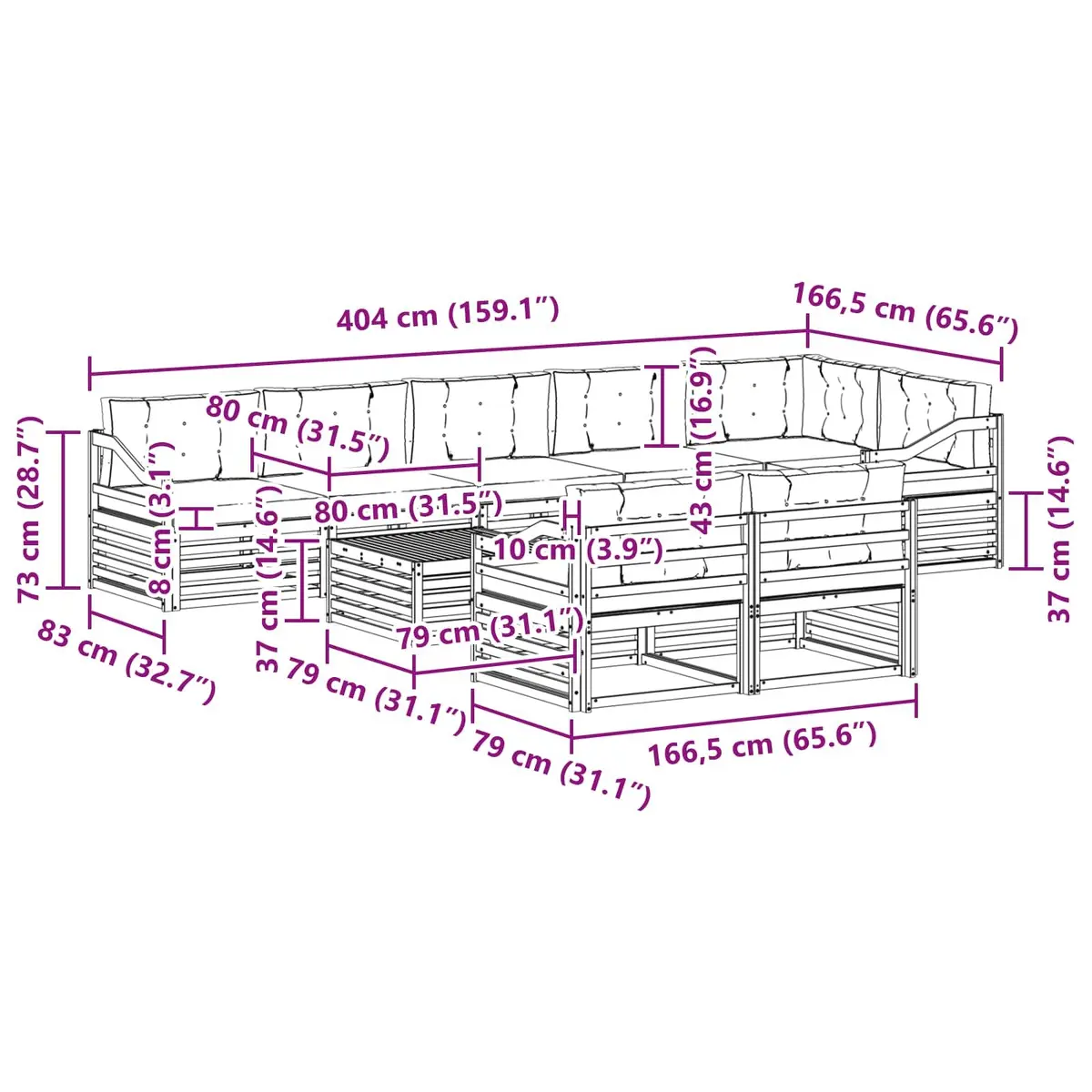 Outdoor Sofa Set 9 Pieces Garden Furniture Modular Sectional with Cushions