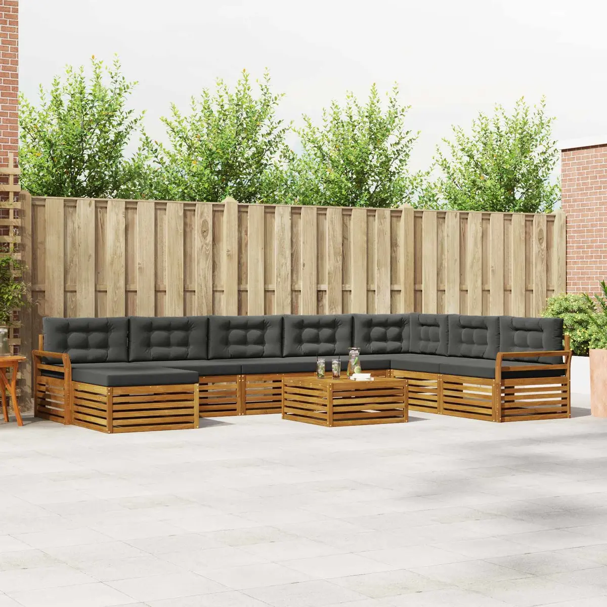 9 Piece Modular Outdoor Sofa Set Natural Acacia Wood Frame with Polyester Cushions Anthracite Colour for Garden and Patio Use