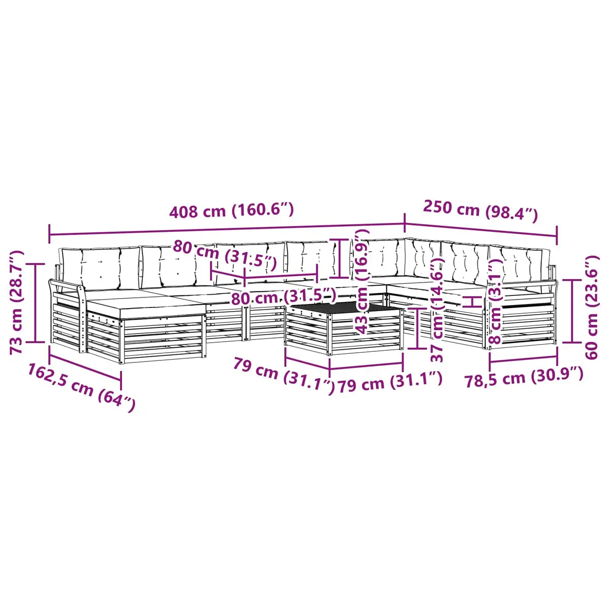 9 Piece Modular Outdoor Sofa Set Natural Acacia Wood Frame with Polyester Cushions Anthracite Colour for Garden and Patio Use