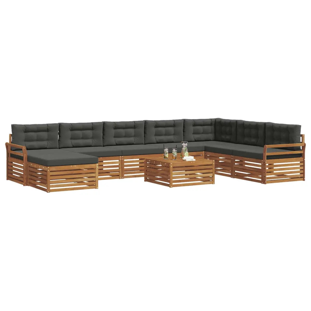 9 Piece Modular Outdoor Sofa Set Natural Acacia Wood Frame with Polyester Cushions Anthracite Colour for Garden and Patio Use