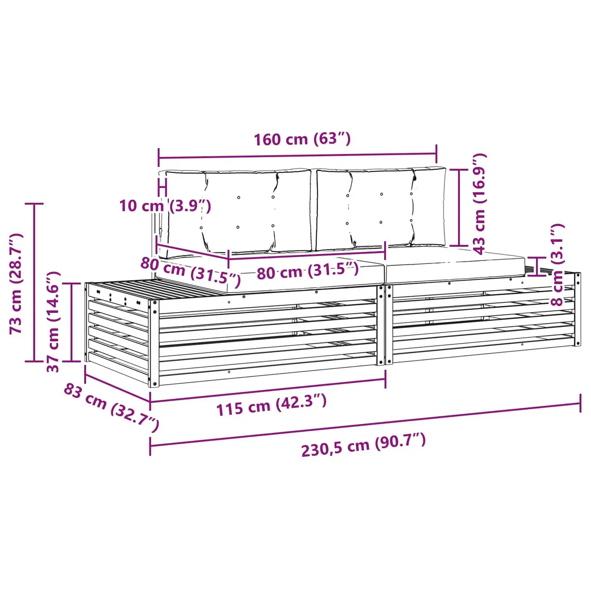 Modular Outdoor Sofa Set Solid Acacia Wood Brown Garden Furniture 2035x830x730mm