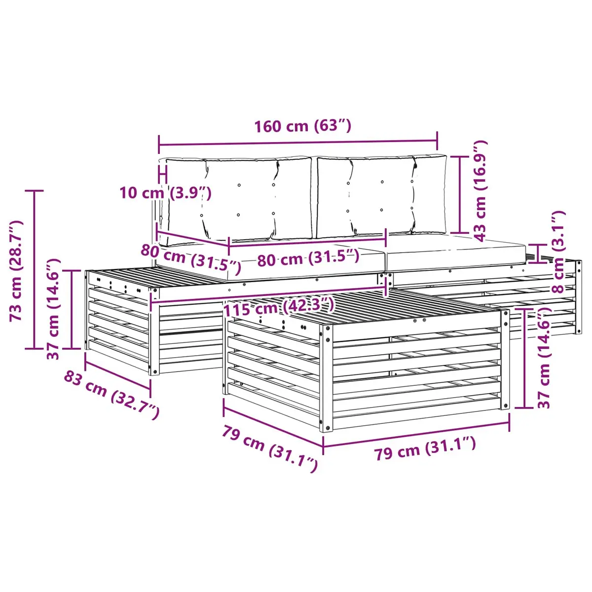 Outdoor Sofa Set 4 pcs Acacia Wood Garden Patio Lounge Furniture Sectional