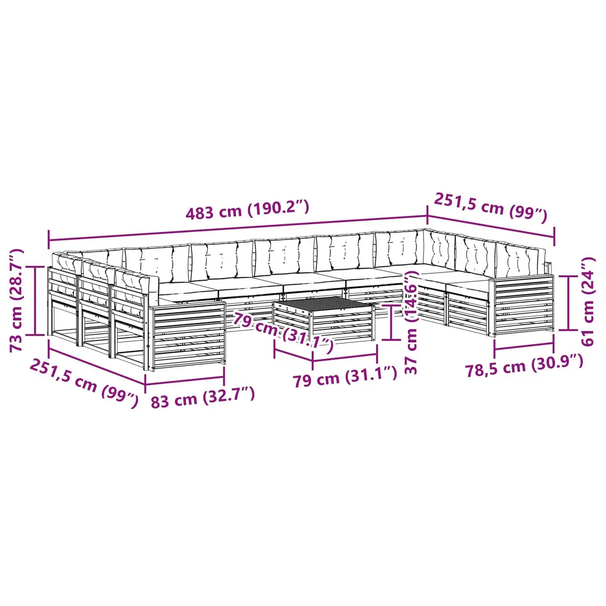 11 Piece Outdoor Modular Sofa Set Solid Acacia Wood Natural Anthracite Colour Garden Furniture