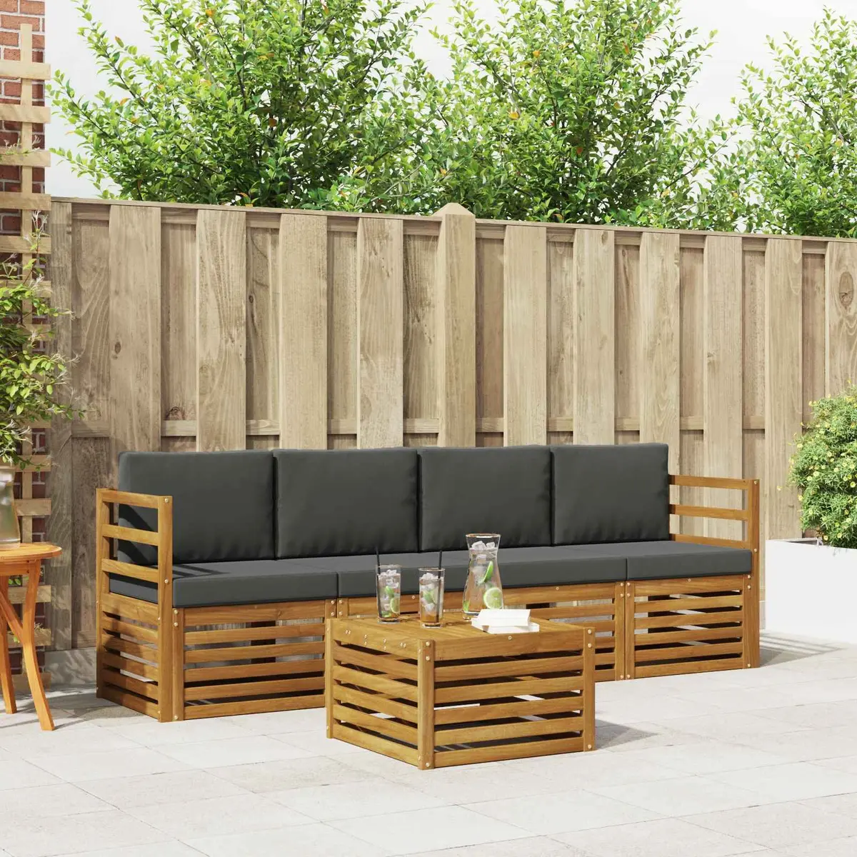 5 Piece Modular Outdoor Sofa Set Natural Acacia Wood Anthracite Color Garden Furniture