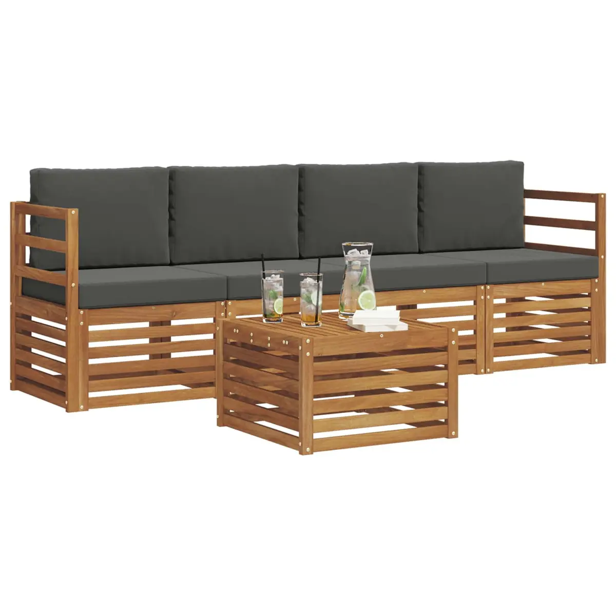 5 Piece Modular Outdoor Sofa Set Natural Acacia Wood Anthracite Color Garden Furniture