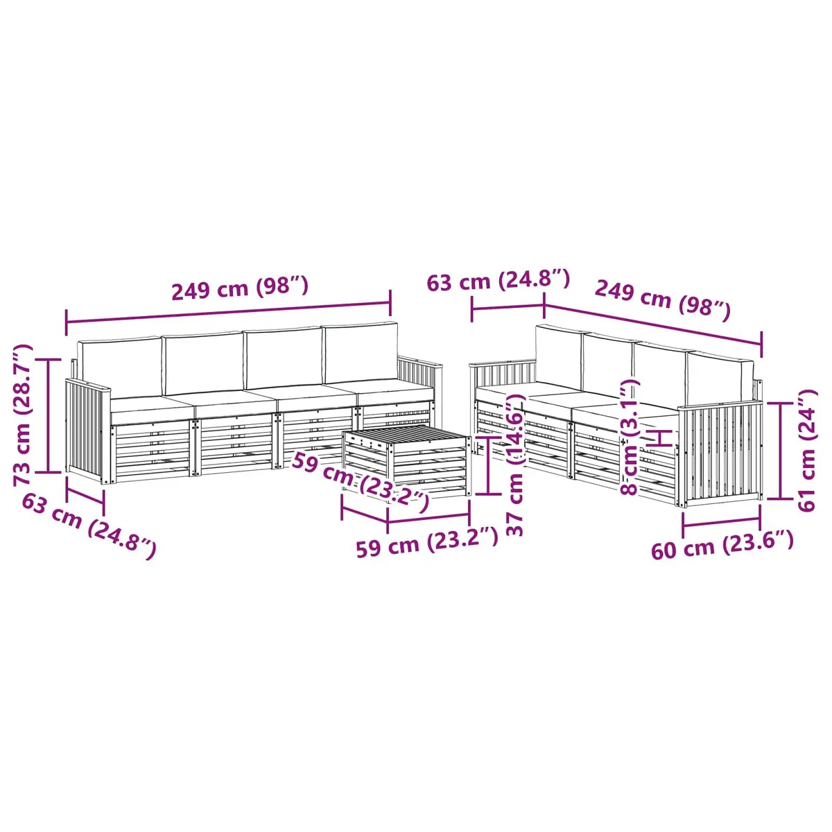Outdoor Sofa Set Solid Acacia Wood 9 Piece Modular Lounge Brown