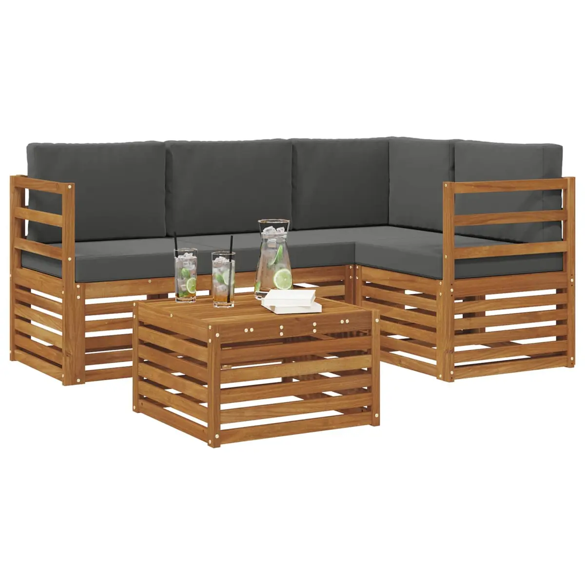 Outdoor Sectional Sofa Set Modular Solid Wood 5 Pieces Natural