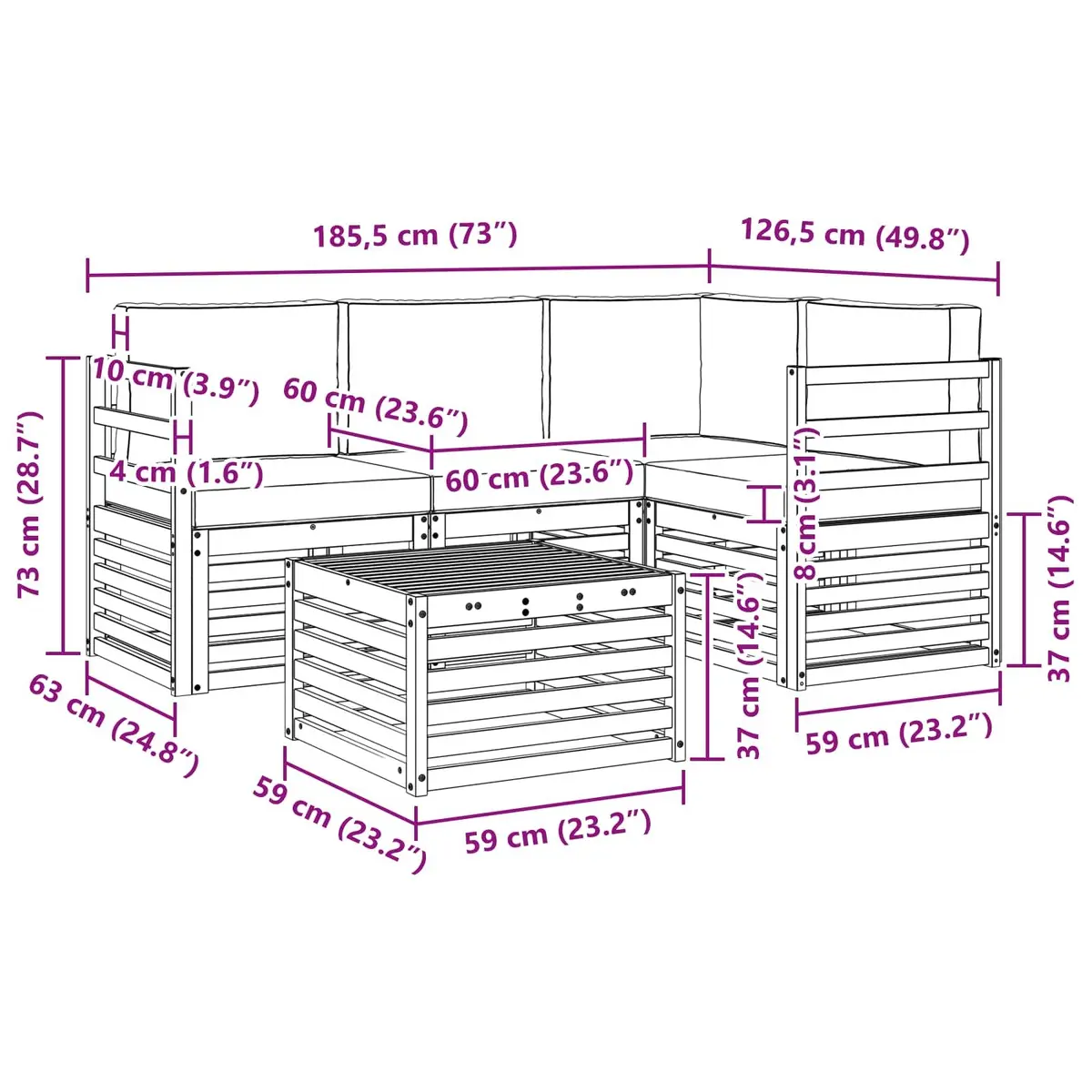 Outdoor Sectional Sofa Set Modular Solid Wood 5 Pieces Natural