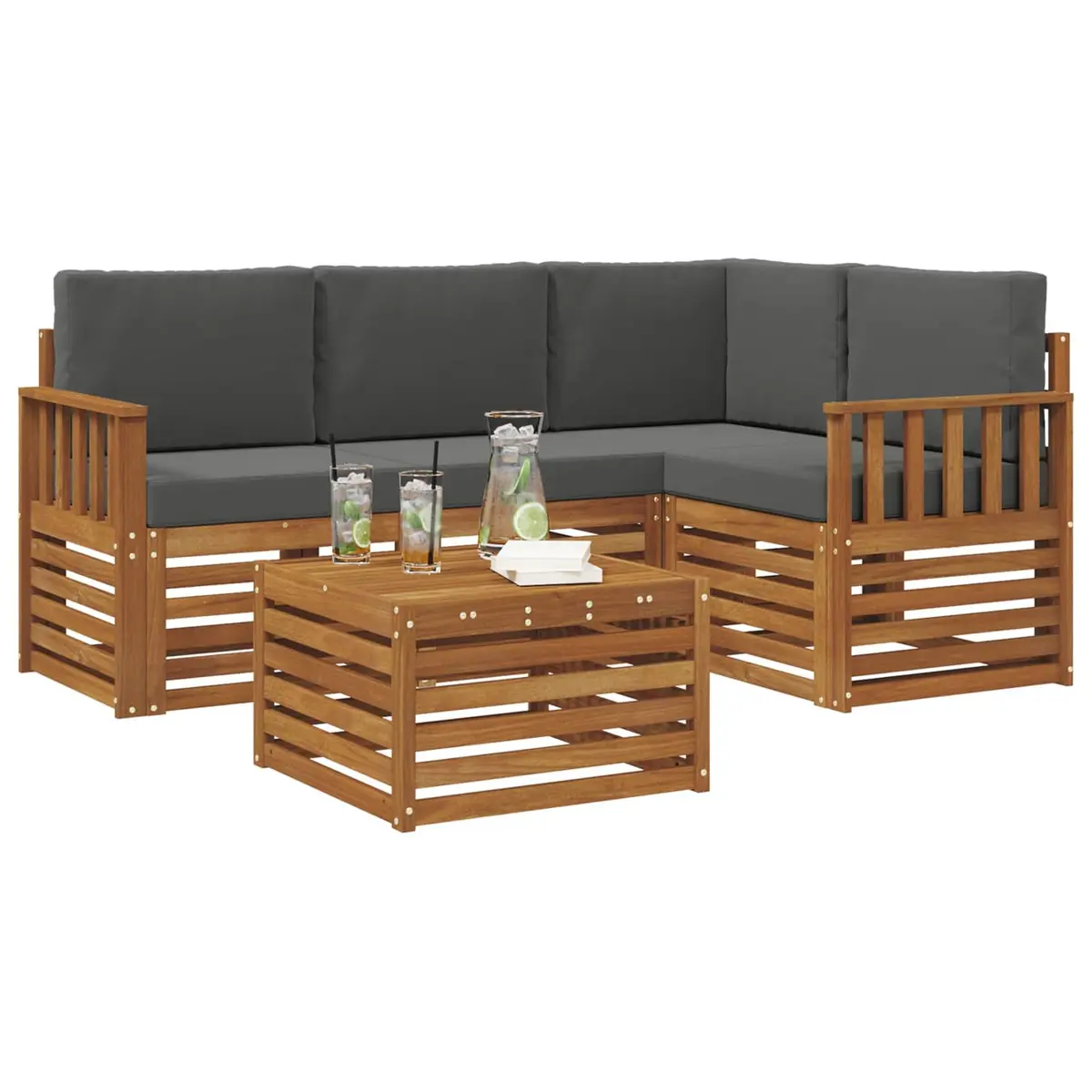 Modular Outdoor Sofa Set Solid Acacia Wood 5 Pieces Natural Finish Garden Patio Furniture
