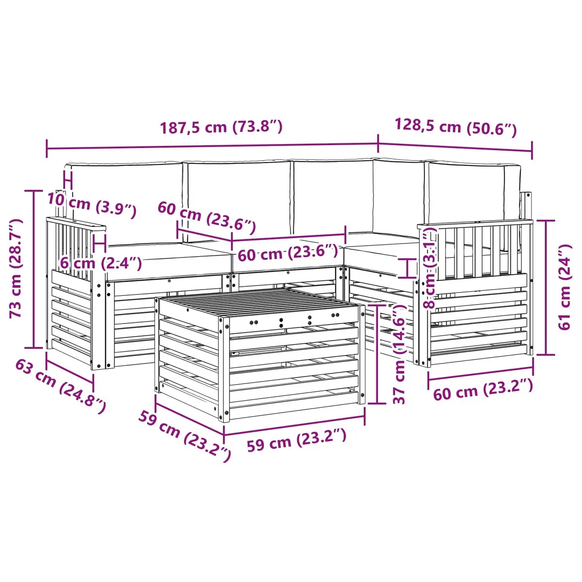 Modular Outdoor Sofa Set Solid Acacia Wood 5 Pieces Natural Finish Garden Patio Furniture
