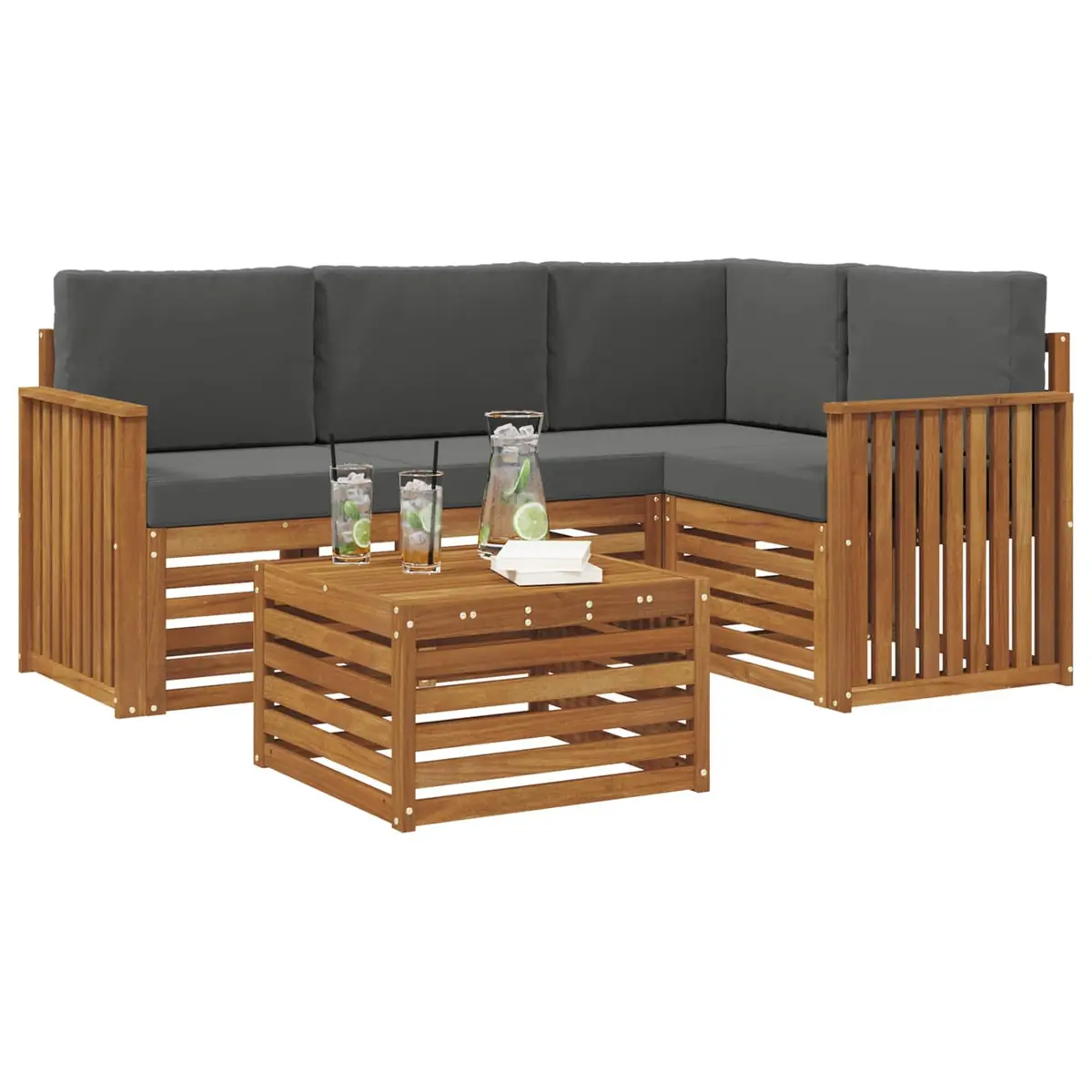 Outdoor Sectional Sofa Set Solid Acacia Wood 5 Piece Modular Garden Patio Furniture Natural Anthracite