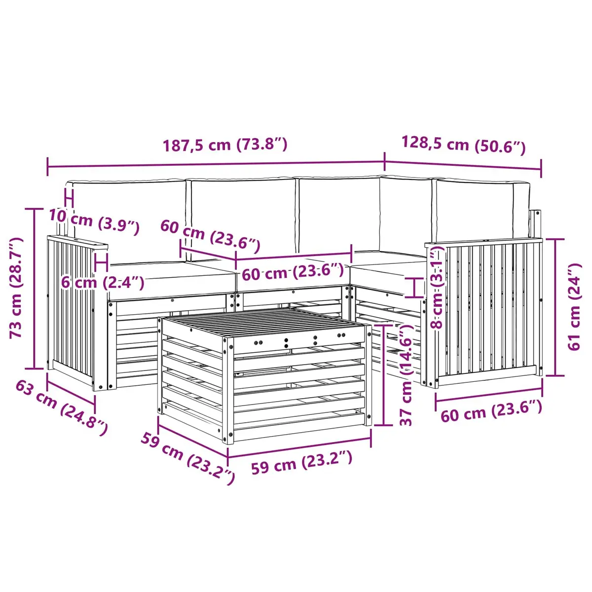 Outdoor Sectional Sofa Set Solid Acacia Wood 5 Piece Modular Garden Patio Furniture Natural Anthracite