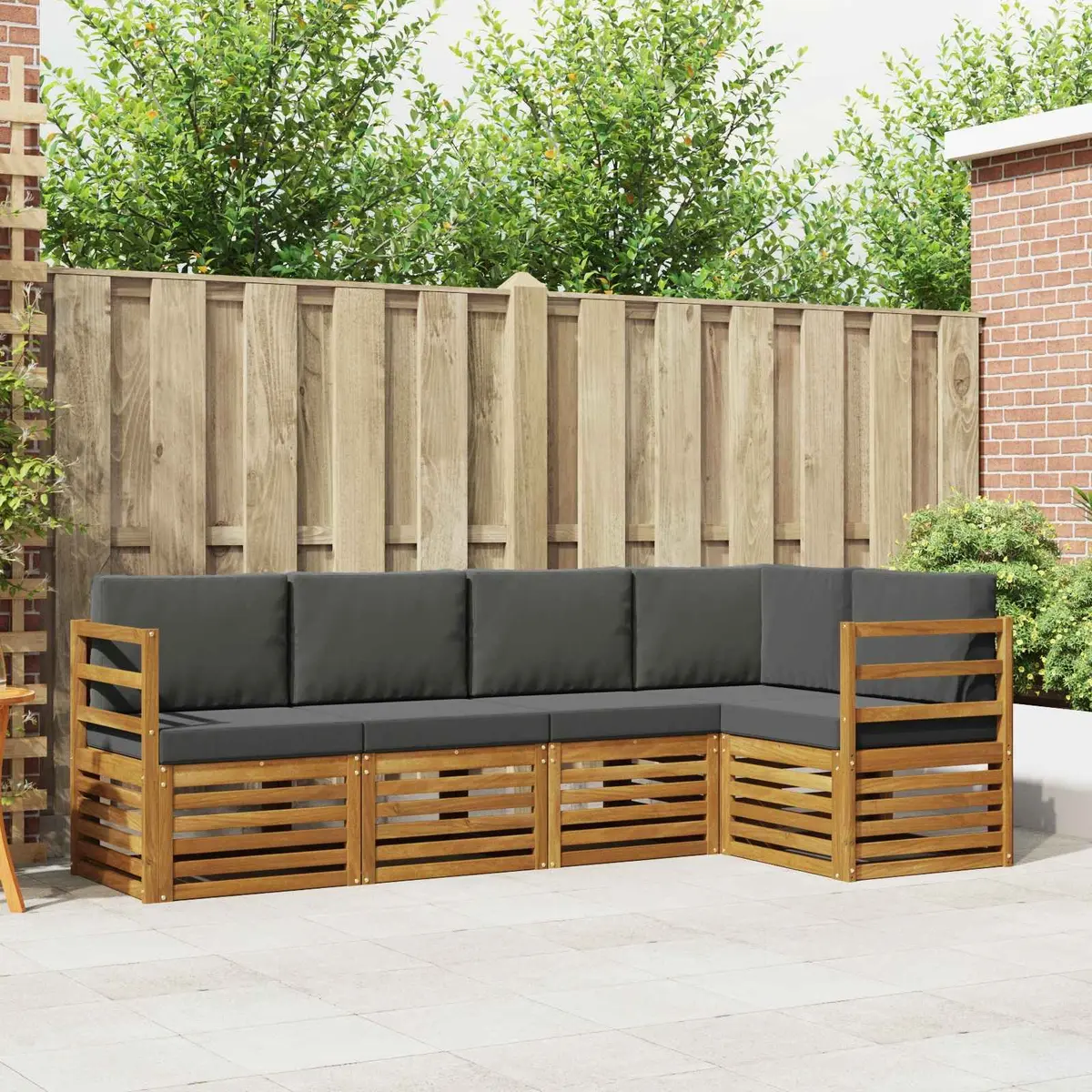 5 Piece Modular Sectional Sofa Set Solid Acacia Wood Outdoor Garden Furniture Natural and Anthracite