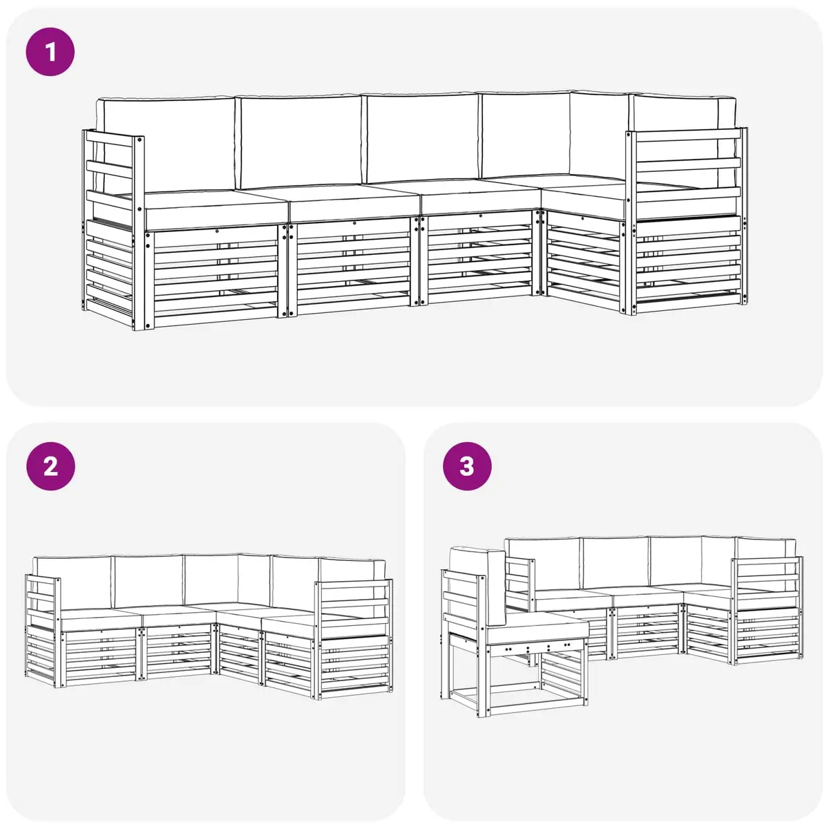 5 Piece Modular Sectional Sofa Set Solid Acacia Wood Outdoor Garden Furniture Natural and Anthracite