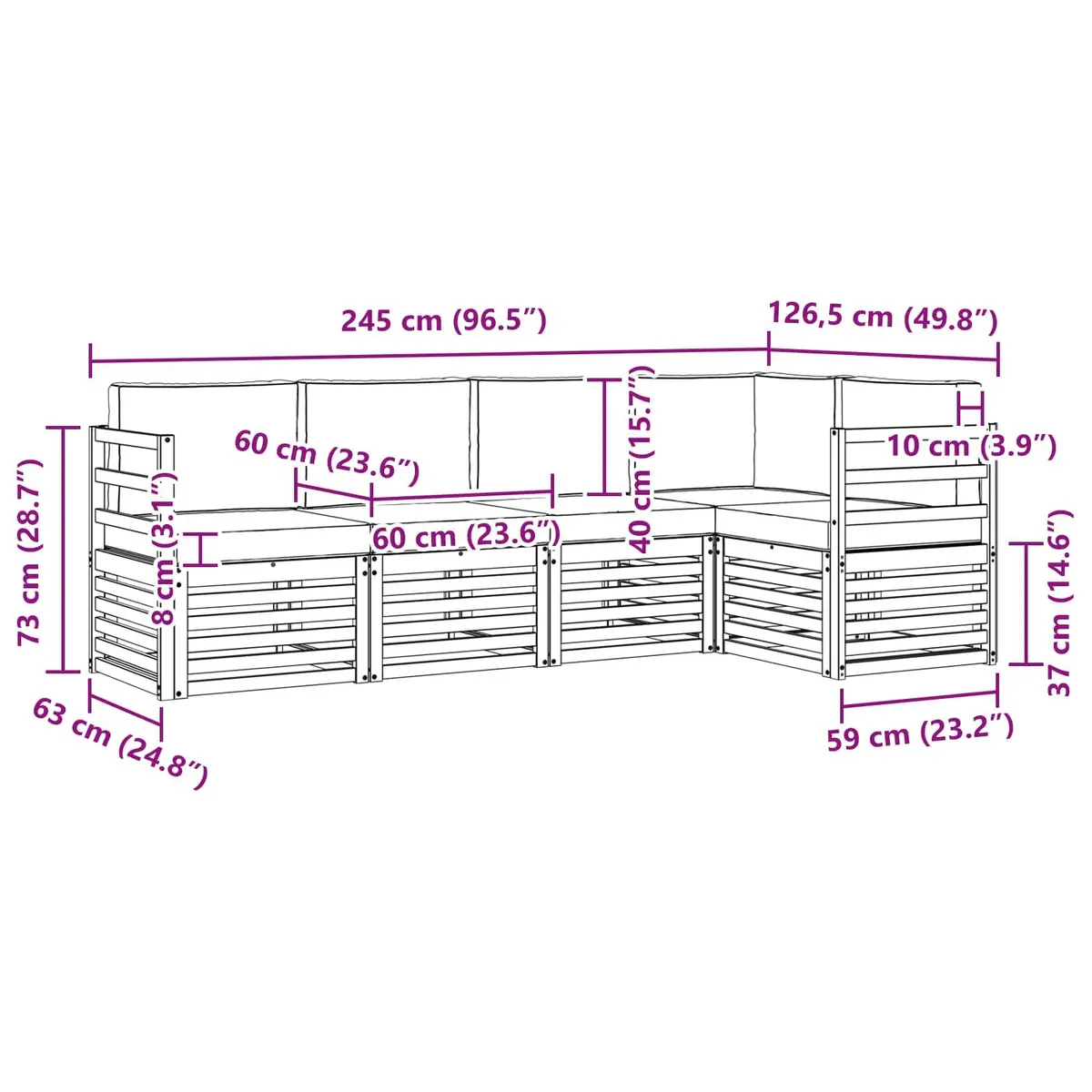 5 Piece Modular Sectional Sofa Set Solid Acacia Wood Outdoor Garden Furniture Natural and Anthracite