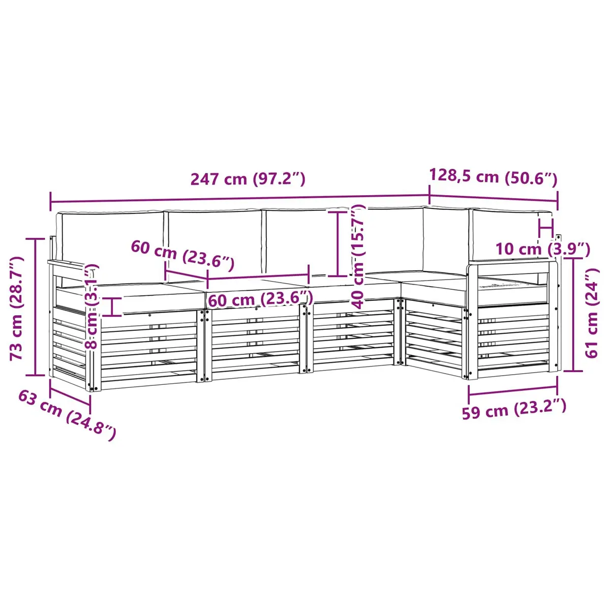 5 Piece Modular Outdoor Sectional Sofa Set Natural Anthracite Solid Acacia Wood Garden Furniture