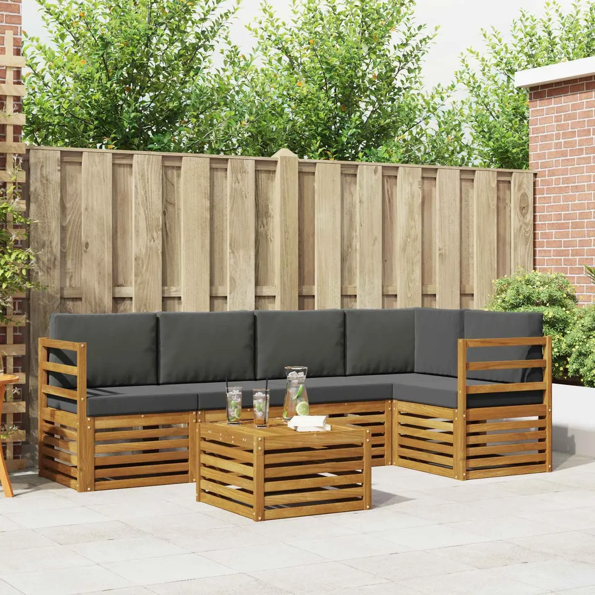 Sectional Sofa Set Solid Acacia Wood Modular 6 Piece Outdoor Garden Furniture Natural and Anthracite