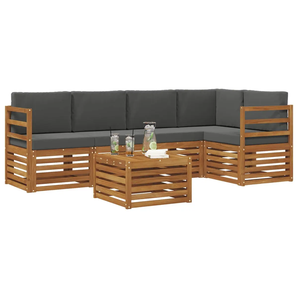 Sectional Sofa Set Solid Acacia Wood Modular 6 Piece Outdoor Garden Furniture Natural and Anthracite