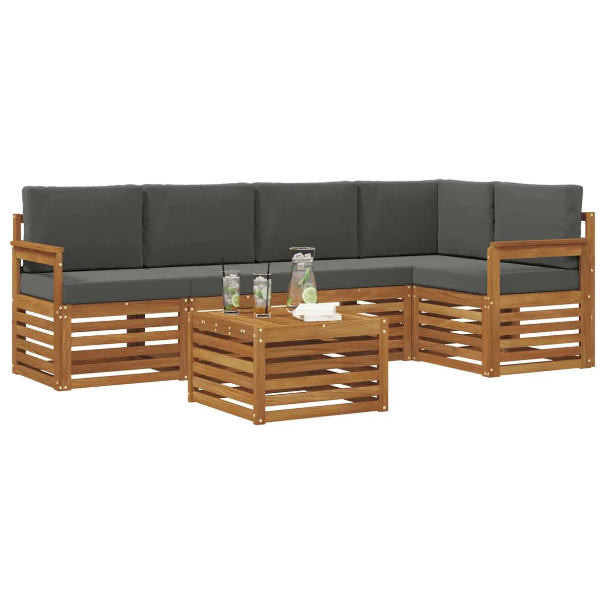 Outdoor Sectional Sofa Set Modular Solid Acacia Wood 6 Piece Natural Anthracite