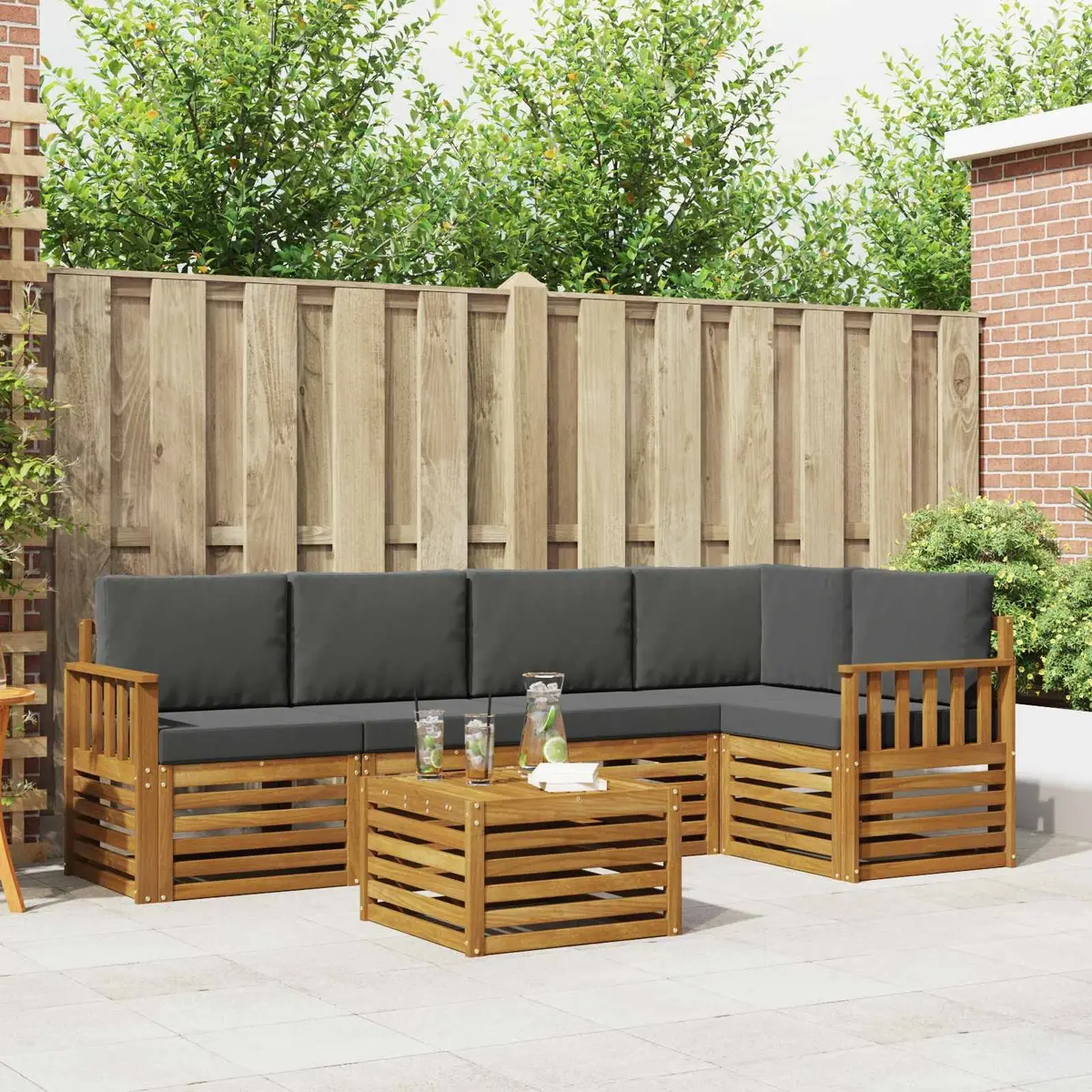 Sectional Sofa Set Modular Solid Acacia Wood 6 Piece Outdoor Furniture Natural Anthracite