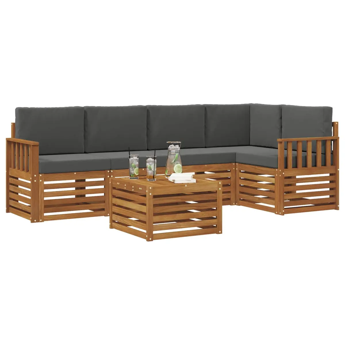 Sectional Sofa Set Modular Solid Acacia Wood 6 Piece Outdoor Furniture Natural Anthracite