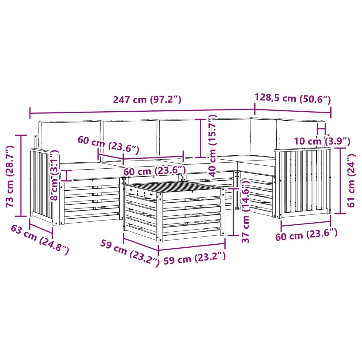Modular Sectional Sofa Set Solid Acacia Wood 6 Piece Outdoor Garden Furniture Natural Anthracite