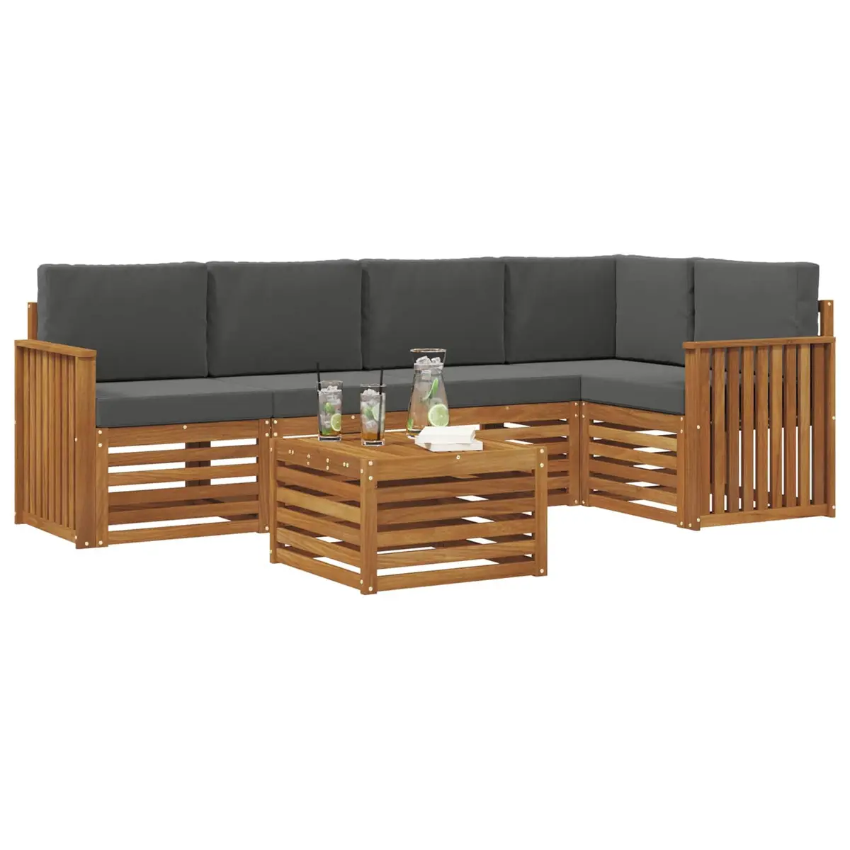 Modular Sectional Sofa Set Solid Acacia Wood 6 Piece Outdoor Garden Furniture Natural Anthracite