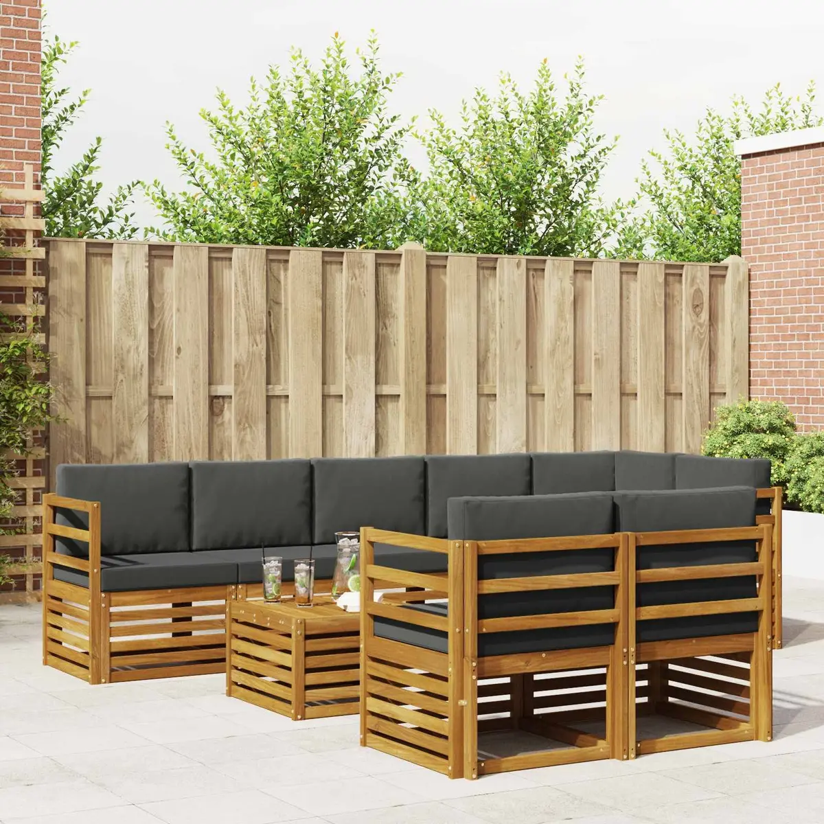 9 Piece Outdoor Sectional Sofa Set Modular Solid Acacia Wood Natural and Anthracite