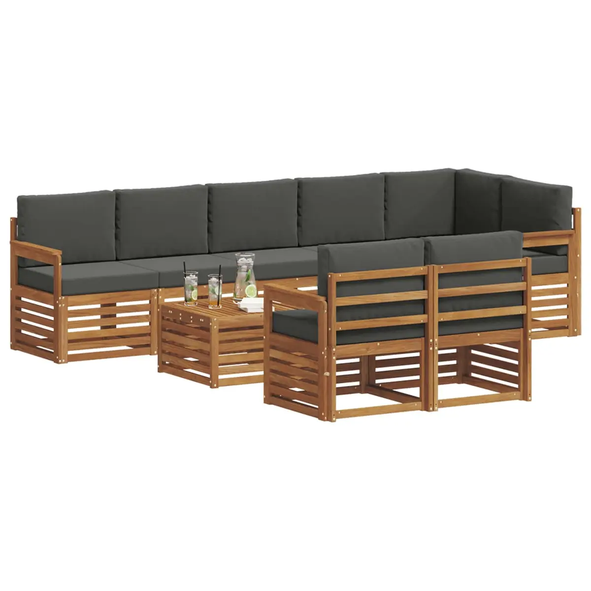 Outdoor Sectional Sofa Set Solid Acacia Wood 9 Piece Modular Garden Furniture Natural Anthracite
