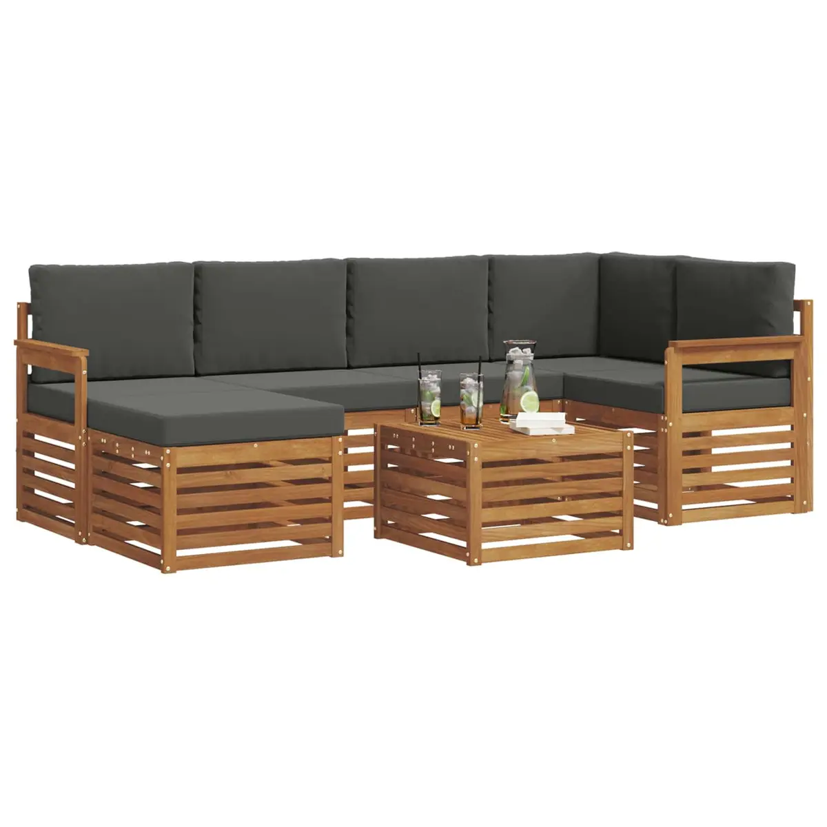 Sectional Sofa Set Solid Acacia Wood 7 Pieces Outdoor Garden Furniture Natural Anthracite Modular