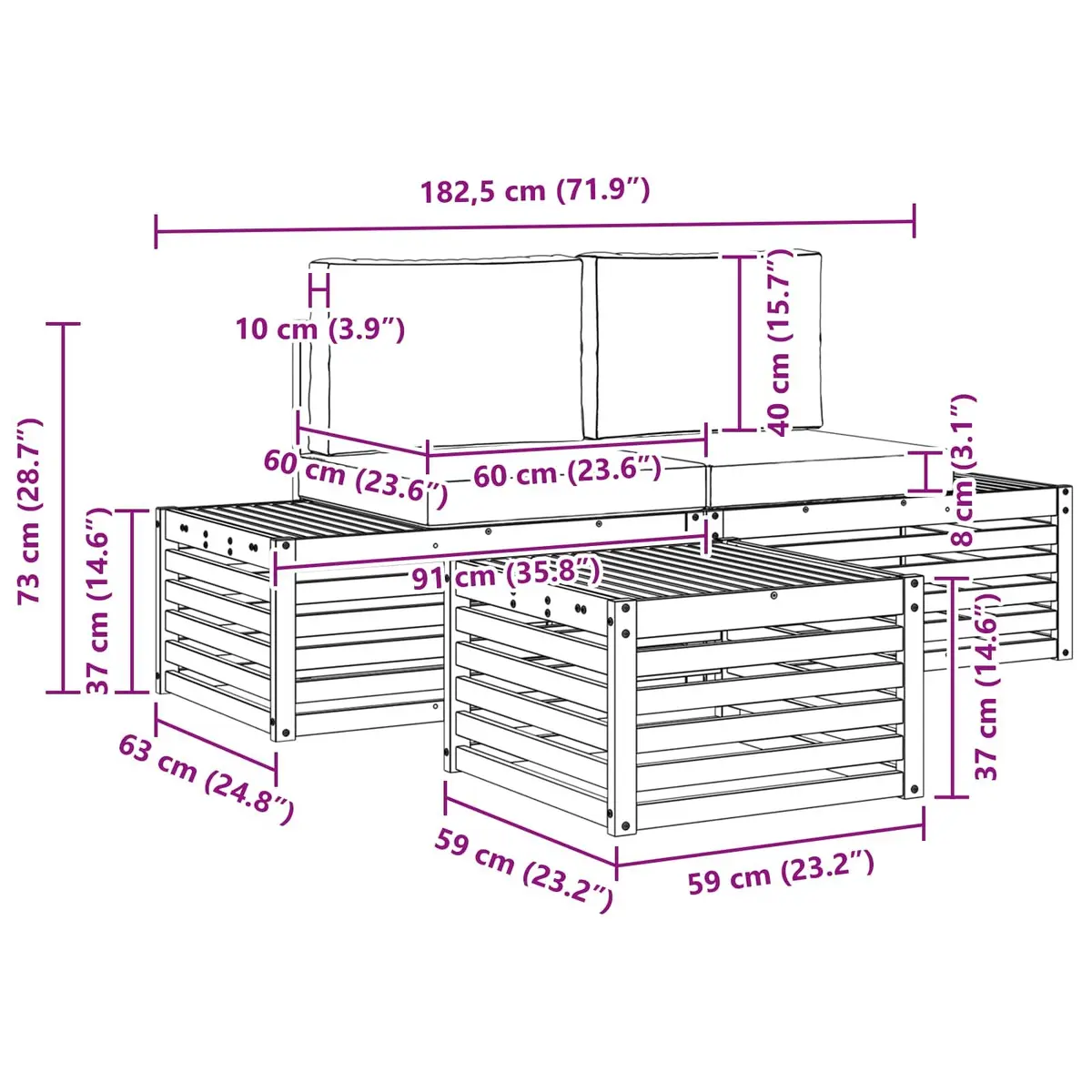 Outdoor Sectional Sofa Set Modern Garden Furniture Patio Seating Wood Natural