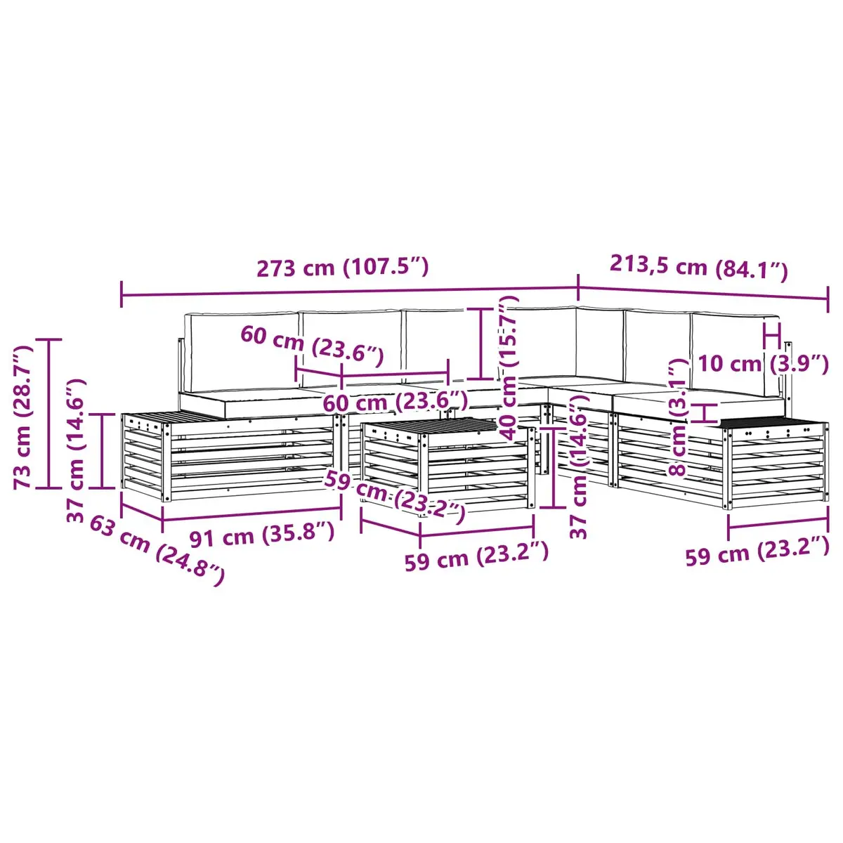 Outdoor Sectional Sofa Set Modular Solid Acacia Wood 7 Piece Brown