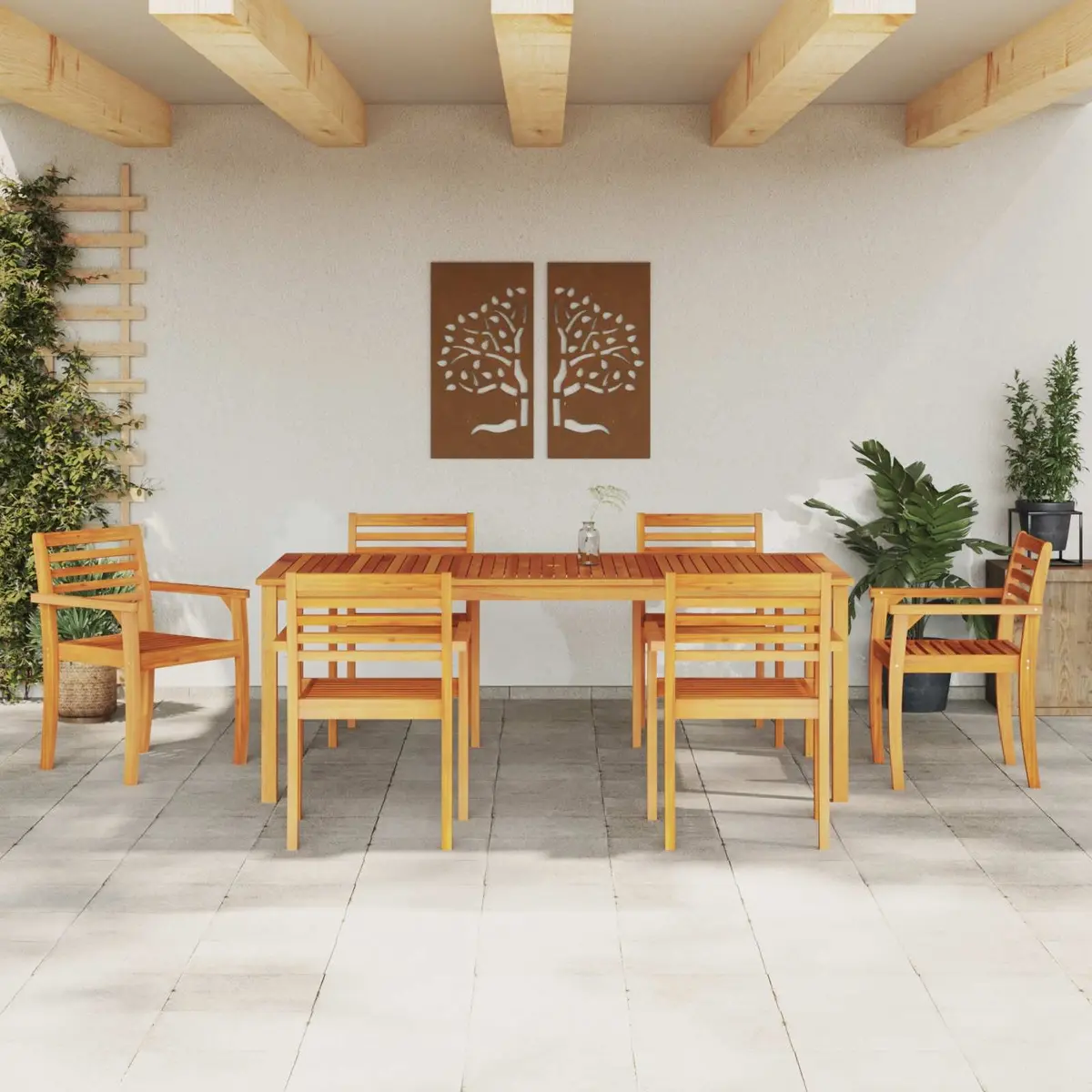 Outdoor Furniture Set 7 Piece Brown Acacia Wood Garden Dining Table with Armrests