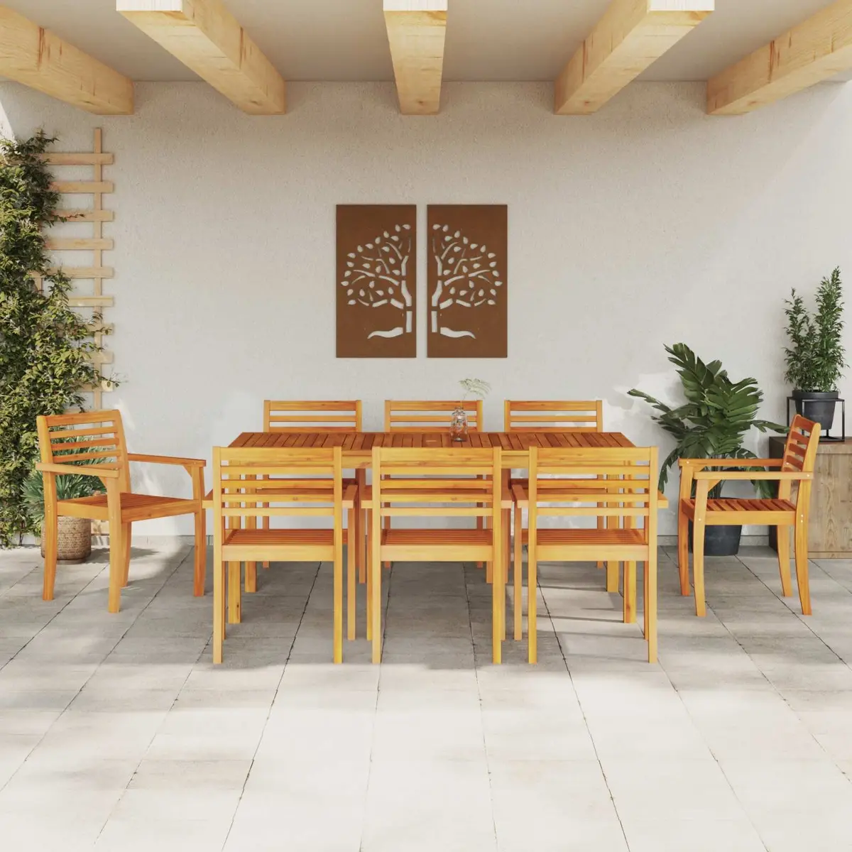 9 Piece Outdoor Furniture Set Acacia Wood Rustic Dining Table and Chairs Brown
