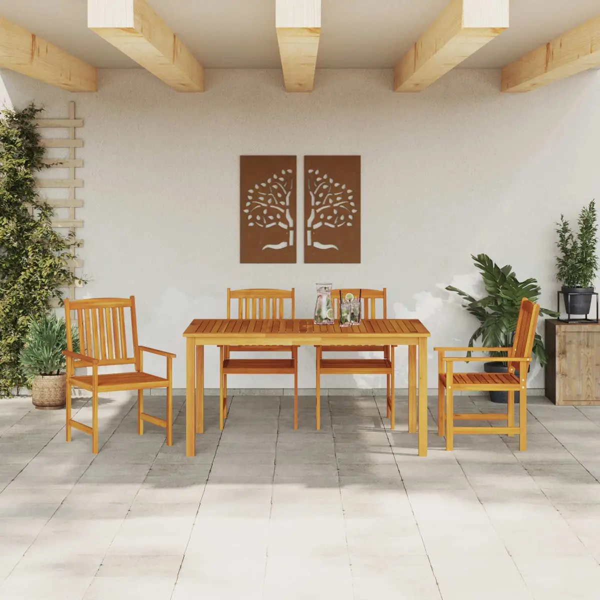 Garden Dining Set Solid Acacia Wood 5 Piece Brown Outdoor Table Chairs