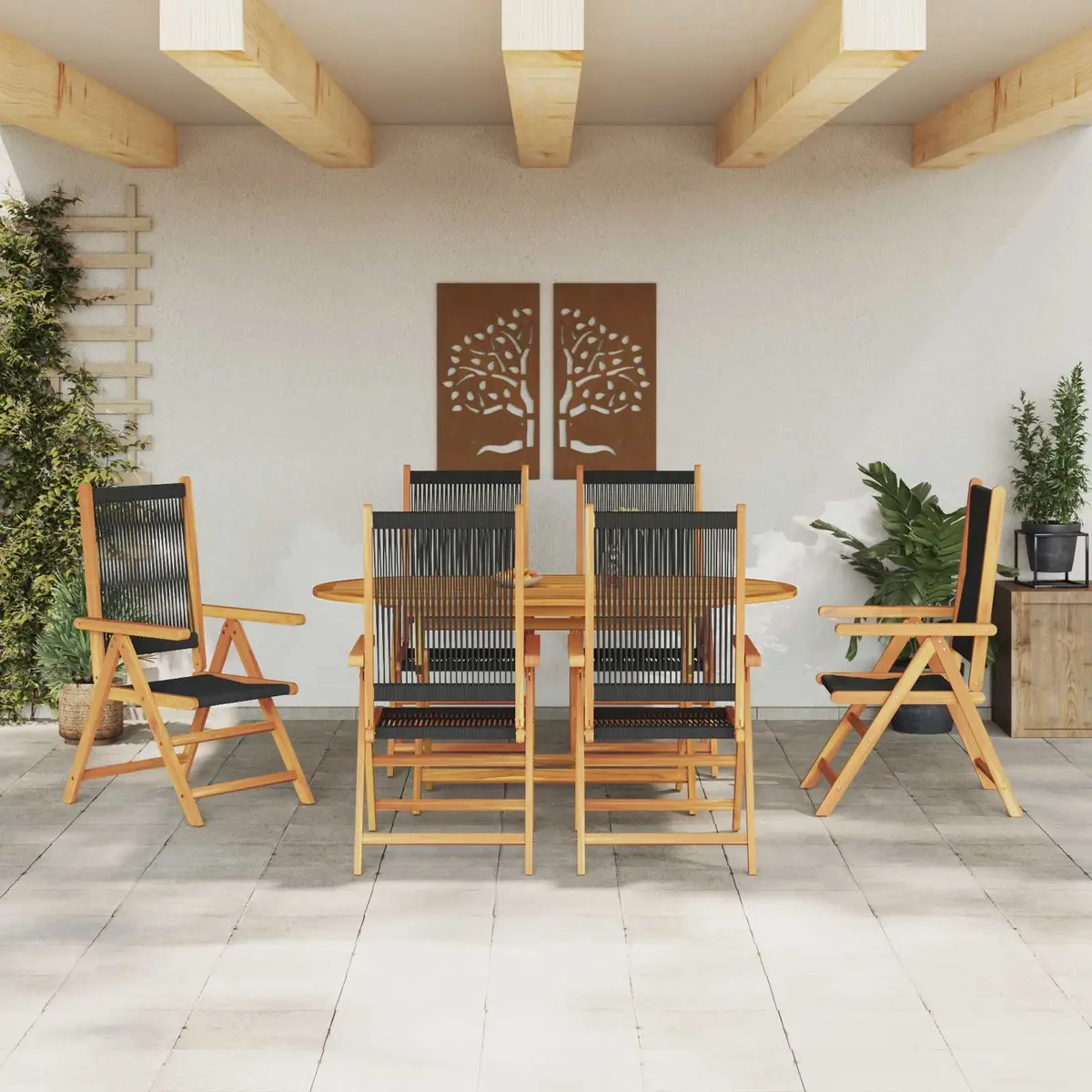 Garden Dining Set Folding Black Acacia Wood 7 Pieces Outdoor Patio Furniture